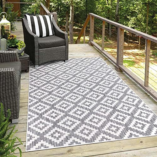 carpet city Teppich Outdoor Wetterfest - Grau - 150x150 cm Quadratisch- Rauten-Optik - Balkon Teppich Wasserabweisend - In-& Outdoor Teppiche für Terrasse, Garten, Küche, Bad oder Wohnzimmer