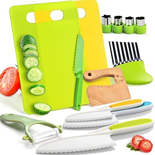 Tyrkuiy 13 Pieces Wooden Kids Kitchen Knifes-Toddler Safe Knives Set for Real Cooking with Plastic Knives/Crinkle Cutter/Kids Cutting Board/Y-Peeler/Fruit Cutters Shapes