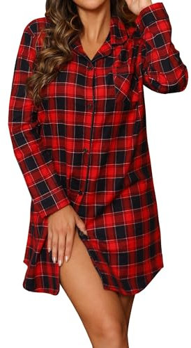 MIA LUCCE Nachthemd Damen, Nachthemden für Damen mit Flanell, Nachthemd mit Knopfleiste und Plaid, Nachthemd Damen Lang (Weinrotes Gitter, X-Large)