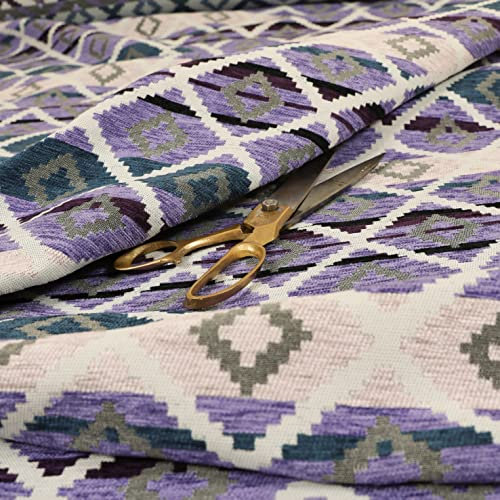 Redbrick Mill Fabrics Moderner kleiner Kelim-Vorhangstoff mit Aztekenmuster, lila/blau, Chenille, als Meterware (pro Meter)