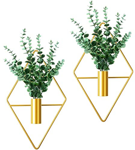 2 Pieces Diamond Shape Hanging Planters with Artificial Aquatic Plants Metal Hanging Vase Indoor Plants Holder Modern Geometric Wall Decor for Home Living Room Office (Gold,Eucalyptus)