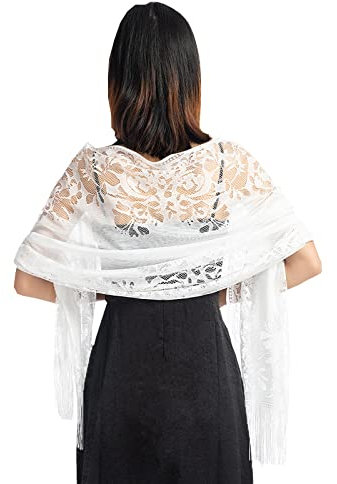 NiceYnn Damen-Schal mit Blumenmuster, Spitze, mit Quasten, 179 cm, weiche Netz-Fransenwickel, für Hochzeit, Umhang, Abendparty, große Größe, leicht, warm, weiß, Einheitsgröße