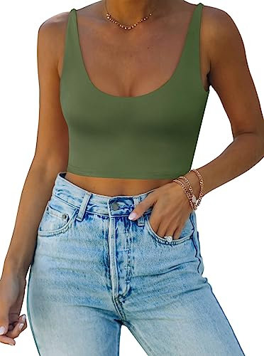 REORIA Damen Sexy Top mit tiefem U-Ausschnitt doppelt gefüttert nahtlos ärmellos kurzes Cami Tanktop Yoga Crop Tops Dunkelgrün S
