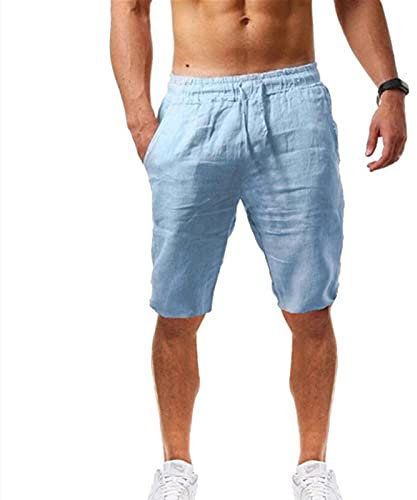 Kurze Hosen Herren Leinen Shorts mit Taschen Sommer Leinen Baumwolle Elastische Taille Shorts Komfortabler Stretch Bermuda Hose Sommershorts Kurze Freizeithose Strandshorts