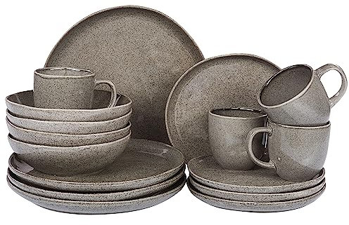 Beliani Set of 16 Pieces Dinnerware Stoneware Kaolin Handmade Reactive Glaze Finish Grey Costmary