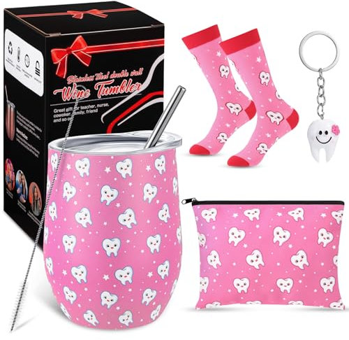 Sliner Zahnarzthelferin Geschenke für Frauen, niedlich, 340 ml, Zahnbecher, Kosmetiktasche, Zahnform, Schlüsselanhänger, Neuheit, Crew-Socken, Geburtstag, Abschluss, Krankenschwesterwoche, Geschenke
