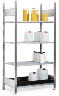 DENIOS Gefahrstoff-Kleingebinderegal, Grundfeld, 3 Gitterrosten, PE-Auffangwanne, 1060 x 437 x 2000 mm
