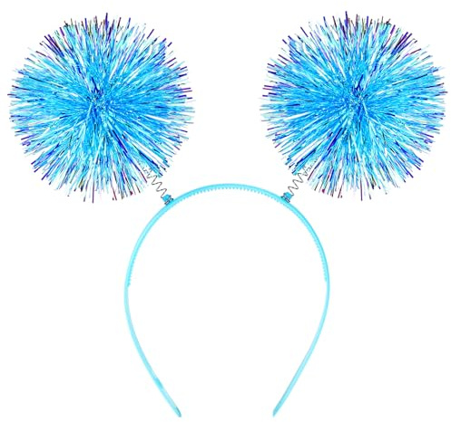 KALIONE Folienstreifen Pom Pom Stirnbänder Blau Lametta Stirnband Flauschige Ball Haarschlaufe Disco Fuzzy Balls Fashion Stirnband für Frauen Mädchen Halloween Geburtstag Weihnachten Party