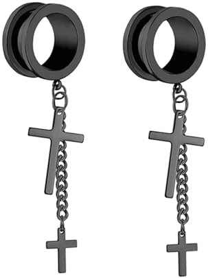 Ayoiow Ohr Tunnel 22MM Schwarz Plugs Edelstahl Mit Kette Und Kreuz Anhänger Ohrringe Herren Tunnel