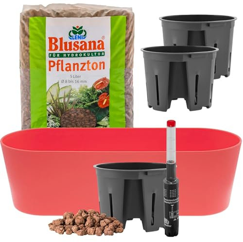 Leni Flori Jardiniere Blumentopf länglich 36 cm Koralle/rot Hydrokultur-Komplett-Set mit Übertopf Hydro-Töpfen Wasserstandsanzeiger & Pflanzton