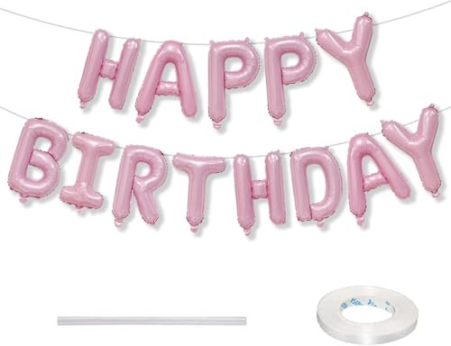 Pink Happy Birthday Balloon Banner, 16 Inch Pastel Pearl Baby Pink Self Inflating Mylar Foil Balloons for Girls Women Birthday Party Decorations