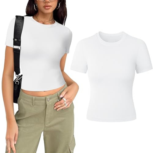 Women's Gym Tops Slim Fit Crew Neck Short Sleeve Tight Basic Solid Tee Athletic Running Yoga Sports T-Shirts White
