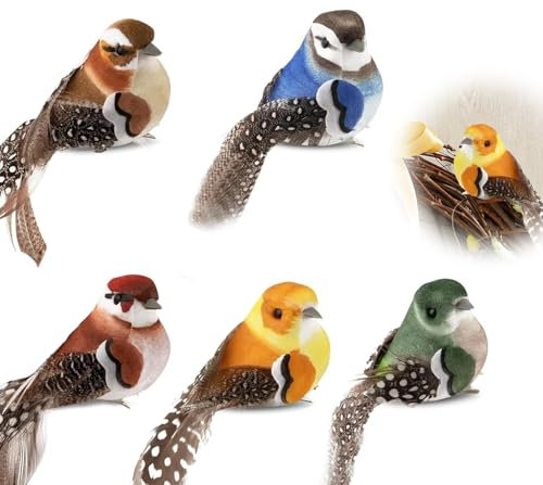 GUOYOU 5 Stück Künstliche Federvögel, Künstliche Vögel Deko, Deko Vögel mit Clip, Mini Vogel Dekofigur, Vogel Deko Figuren, Feder Vogel Modell für Garten Frühling Deko Party Dekoration