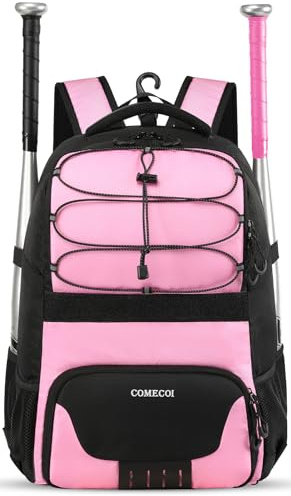 COMECOI Softball Bag, Lightweight Baseball Backpack with Shoes Compartment, Baseball Bat Bags with Fence Hook for TBall Bat & Equipment, for Batting Mitten, Helmet, for Girls, Boys, Youth, Adults