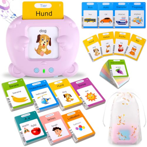 Sprechende Flash-Karten, Standard Deutsch-255 Blätter 510 Wörter, Sprechende Flash Karten Lernspielzeug für Kleinkinder 2-4 Jahre Alt, Interaktive Spielzeug für Jungen Mädchen Rosa (mit Musikmodus)