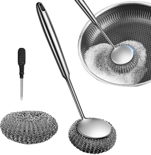 Esponjos De Acero Inoxidable - Estropajos De Acero Inoxidable con Mango, Cepillo para Limpiar Platos, Estropajo De Alambre De Acero, Esponjas De Limpieza De Lana para Ollas, Sartenes, Estufa
