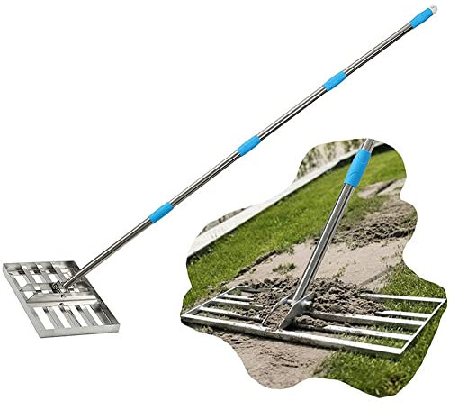 Râteau de nivellement de pelouse avec Outil de nivellement de Poteau en Acier Inoxydable, niveleur de pelouse de Gravier de Sable Robuste réglable en Longueur, Convient pour Jardin
