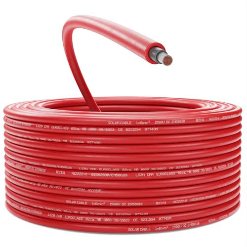 deleyCON 25m Cable Solar 6mm² - Cable Fotovoltaico para Sistemas FV - Resistente a Los Rayos UV Libre de Halógenos para 1kV CA 1,5kV CC - para Instalación Fija y Contactos de Enchufe FV - Rojo