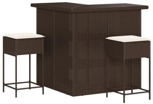 vidaXL Gartenbar Set 3-TLG., Gartenmöbel mit Kissen, Bartisch Stehtisch Barhocker Barstuhl, Theke Bar Tresen Gartentheke Sitzgruppe, Braun Poly Rattan