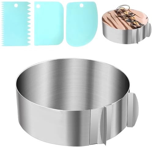 LPZMPZ Tortenring Verstellbar, Hoch 5 cm, Backring Verstellbar Ø 16-30 cm, Kochringe Edelstahl Kuchenring Mit Skala und Kuchenschaber, für Backen (Silber, rund)