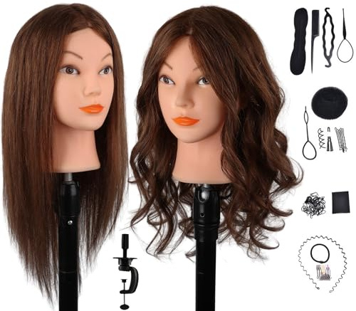 DaizySight Tete a Coiffer Professionnel avec 100% Cheveux Naturels Humains | Tete D’exercice Mannequin Femme Poupée pour Enfant Adulte Entrainement avec Support de Table (Brun, 46cm)