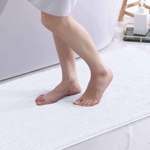 OLANLY Chenille Badematte rutschfest Badezimmerteppich Weich Badteppich Saugfähige Badvorleger Waschbar Duschvorleger für Badezimmer, 60 x 120 cm, Weiß