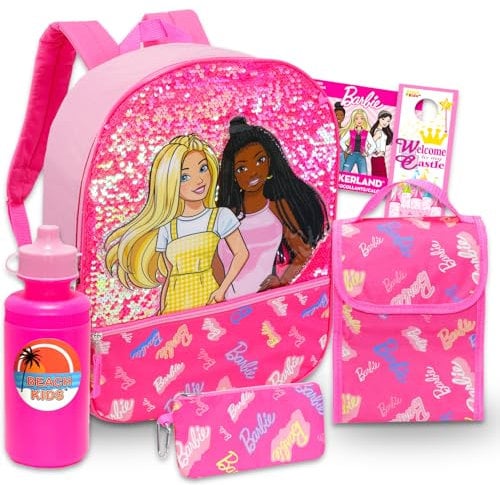Barbie Backpack with Lunch Box Set - 5 Pc Bundle with 16 Barbie Backpack, Barbie Lunch Bag, Water Bottle, Stickers, More | Barbie Backpack for Girls, Kids, Multicolor, Barbie Backpack, Barbie