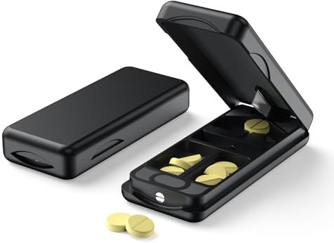 HQEUZ Tablettenteiler ABS-Kunststoff für Kleine und Große Pillen Tablettenschneider mit 316 L Edelstahl Klinge Tragbarer Pillenschneider mit Aufbewahrungsfach Pill Cutter, ABS+Schwarz