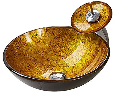 LMHAUSS Lavabo en Verre trempé, lavabo de Salle de Bain avec Anneau de Montage de Robinet Cascade et Ensemble de vidange d'eau, lavabo de comptoir de vestiaire, lavabo d'art Moderne 420X420X145mm