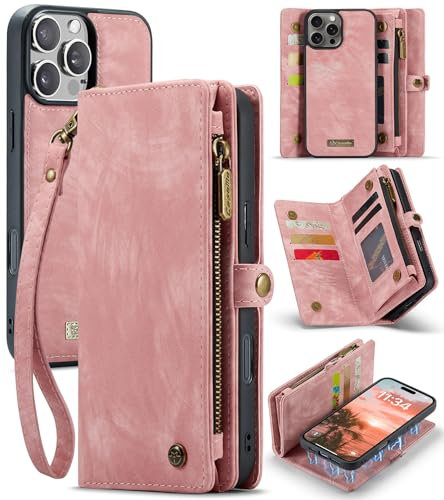 JOMA-E Shop for iPhone 16 Pro Wallet Case, Premium PU Leather Purse Magnetic Detachable Phone Cover with Zipper Pocket 9 Card Slots Hand Strap Horizontal Viewing Stand (Vintage Pink)