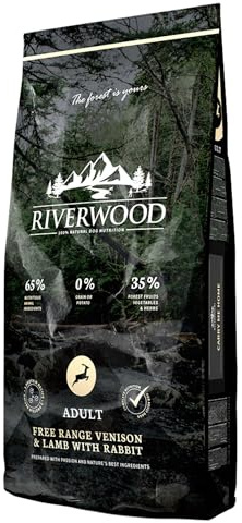 Riverwood Adult | Freiland Hirsch & Lamm mit Kaninchen | Ultra Premium Getreidefreies Hypoallergenes Trockenfutter ausgewachsene Hunde | Hoher Fleischanteil | Weniger aktive und ältere Hunde | 12 KG