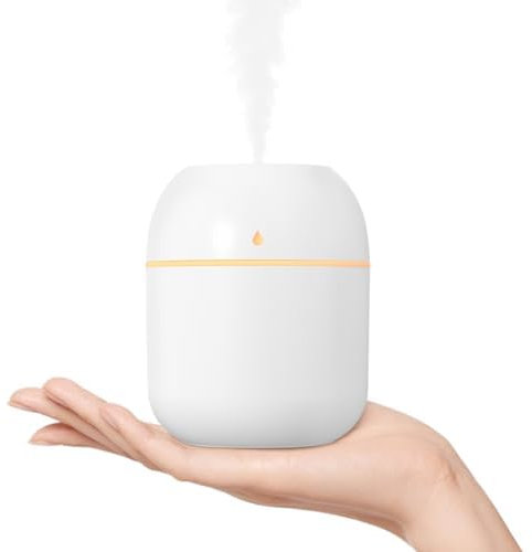 Humidificador portátil pequeño, humidificador personal USB de escritorio para coche, oficina, dormitorio, apagado automático, 2 modos de niebla, súper silencioso (220 ml, blanco)