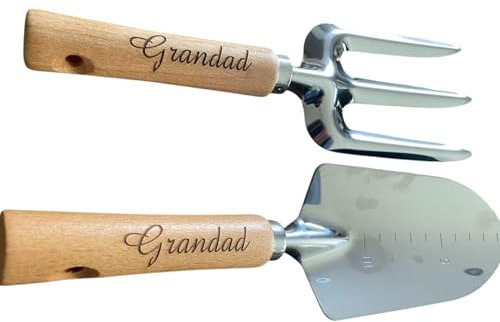 Ashton and Finch Heavy Duty Weed Fork and Trowel Set - Laser Engraved With Grandad - Carbon Steel Head, Ash Wood Handle - Lightweight, Durable, Corrosion Resistant Gardening Fork - Garden Tool Gift