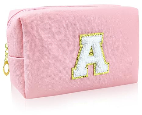 Piccole borse per il trucco da donna, borsa per il trucco con lettera iniziale personalizzata, borsa per il trucco dalla A alla Z, borsa per il trucco in pelle (rosa A)