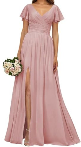 HPPEE Abito da damigella d'onore in chiffon plissettato con maniche e scollo a V, rosa antico, 38