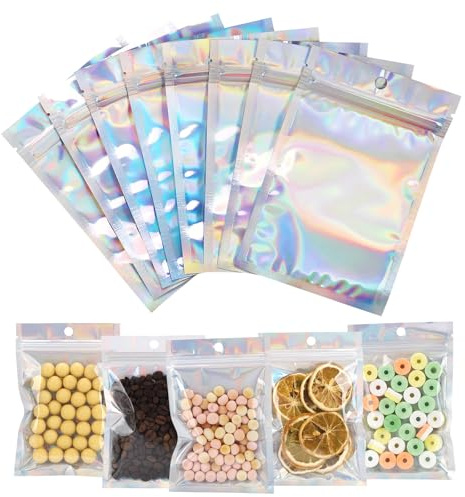 THLO INC Premium Holographic Mylar Bags 100-Pack - Airtight, Smell Proof & Waterproof Food Storage for Candy, Coffee, Snacks - 10cm x 15cm (4x6 inch) Resealable