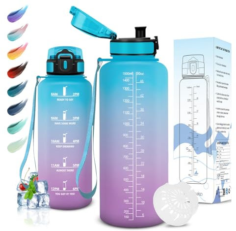 Motswedi Botella Agua, 1.5L sin BPA, Botella de Agua, Reutilizable, Cantimplora, con Marcador de Tiempo, Botella Agua Gimnasio, Botella para Niños, Deporte, Running, Gimnasio, Bicicleta, Azul Morado