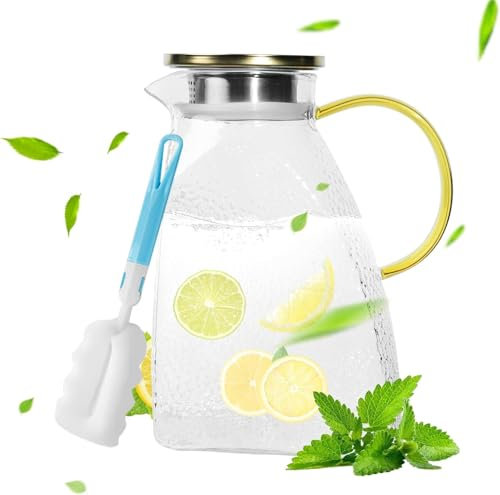 Caraffa in Vetro 1,8L, Caraffa Vetro con Acciaio inossidabile Coperchio, Trasparente e Resistente Brocca Acqua