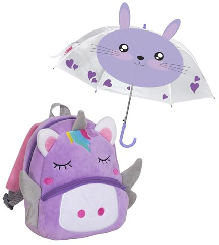 SJ GANG STYLE JAM GANG Zaino Asilo Scuola Bambini, Unircono, Lilla, Taschina frontale, Zainetto Scuola Materna + Ombrello Viola, Fantasia Coniglio