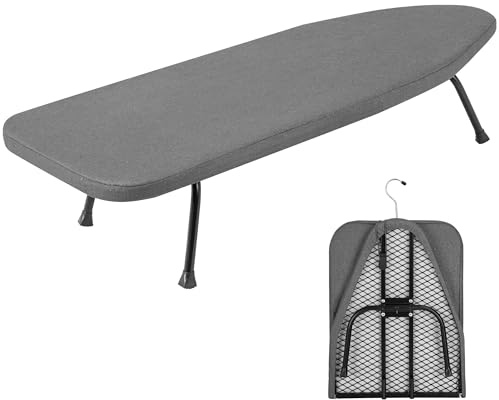FREEAMG Klappbares Tisch-Bügelbrett 81x32cm, Grau | Aufhängbarer Bügelbrett mit Hochtemperaturbeständiger Abdeckung & Rutschfesten Füßen, Tischbügelbrett für Reise & Zuhause
