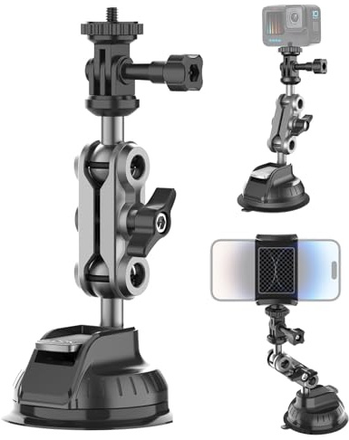 alouweekuky Kamera Halterungmit 1/4 Loch, Saugnapf Autohalterung mit Saugnapf, Kugelkopf und Magic Arm, Auto Halterung und Action Cam Adapter, mit iPhone GoPro Osmo Action Insta360 ONE R/ONE