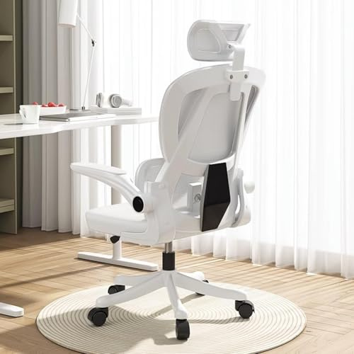 HDHNBA Office Chair Mesh Desk Chair,Ergonomic High-Back Rolling Gaming Work Chairs with Wheels and Adjustable Headrests,Comfortable Flip-up Arms for Home,Bedroom,Study Gaming(White)
