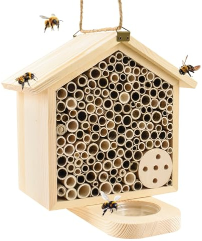 Mason Bee House with Feeding Trays, Natural Pine Wood Hanging Bee Hive