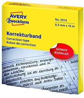 AVERY Zweckform 3514 Korrekturband (handbeschriftbar, 8,5 mm x 15 m) 1 Rolle weiß