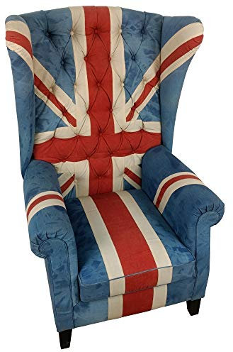 Indoortrend Ohrensessel Union Jack UK Flagge - Korbsessel XXL Cocktail Sessel England Motiv, Chesterfield Vintage Demin Jeans Look, Maße (B/T/H) 94/90 / 139 cm
