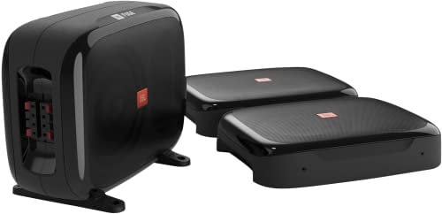 JBL FUSE Doppel Subwoofer Auto Set - 2 x 8 Zoll 600Watt - Getrennt als 2 flache Untersitz Bassboxen oder Zusammen als eine vertikale gedockte Bass box im Kofferraum, Schwarz