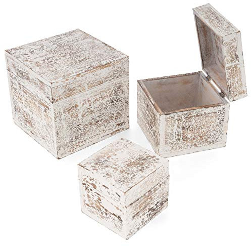 Nexos Trading DIVERO 3er Holzboxen – Set mit Deckel Vintage Holzkisten Staubox Aufbewahrungsbox in 3 Größen Stapelbox Regal-Box Schmuckschatulle Albacia Holz weiß