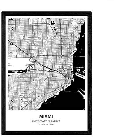 Nacnic Poster mit Karte von Miami - USA. Blätter von US-Städte mit Meeren und Flüssen in schwarz und weiß. A3