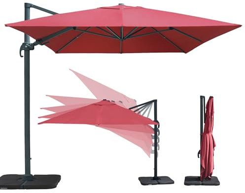 paramondo parapenda Plus Ampelschirm Ampelsonnenschirm, 360° Schwenkbar, Axiale Neigung, Kurbelbedienung, Stahl-Standkreuz und Gestell in Anthrazit, Rechteckig, Bordeaux, 3 x 4 m