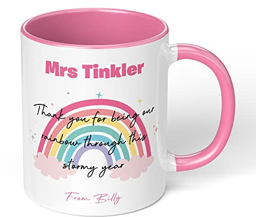 Personalised Mug for Teacher Thank You End Term Student Pupil Present Leaving 11oz Coffee Tea Novelty Appreciation Leaving Gift Lockdown Rainbow Stormy Year (Pink Fill and Handle)